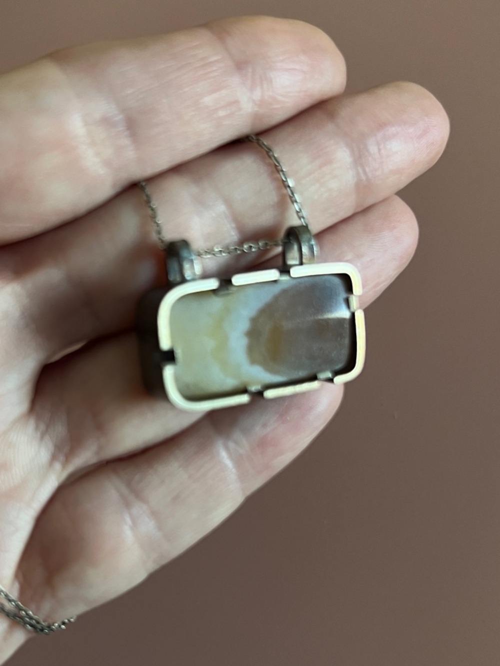 Custom made one of a kind - Natural Agate Slice Pendant Necklace in Cream Taupe